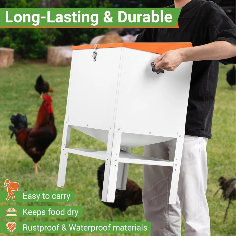 Chicken Feeder, 85LBS Capacity Metal Poultry Feeder (18” x 15.1” x 29.5”) for 16 Chickens, Powder-Coated Steel Feeder w/Waterpro