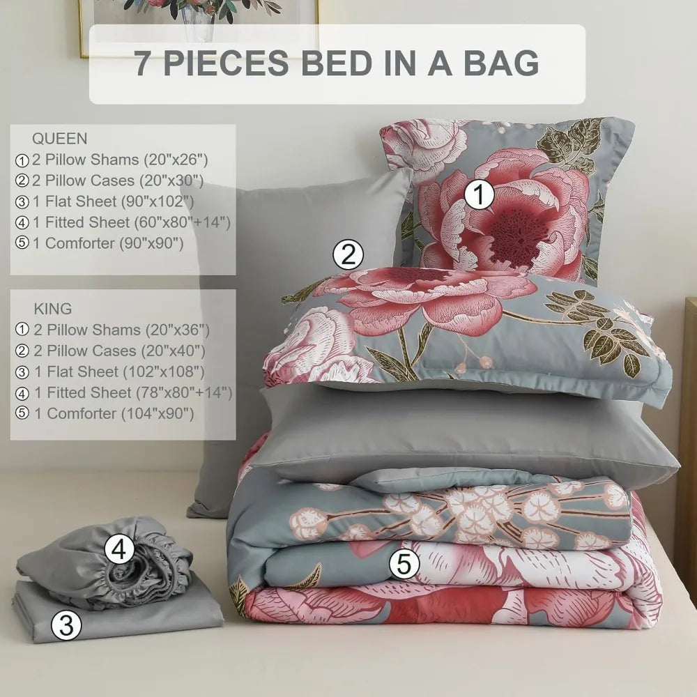 Floral Comforter Set King Size 7 Pieces Bed in a Bag, Pink Flower Print on Gray Bedding Set, Soft Microfiber Bedding Set