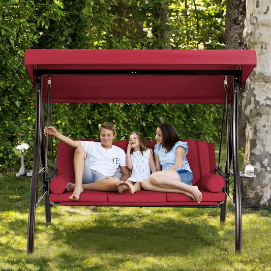 3 Person Outdoor Porch Swing with 1.5" Upgraded Cup Holder, Adjustable Canopy, Backrest, Patio Swing Bed with Weather Resistant