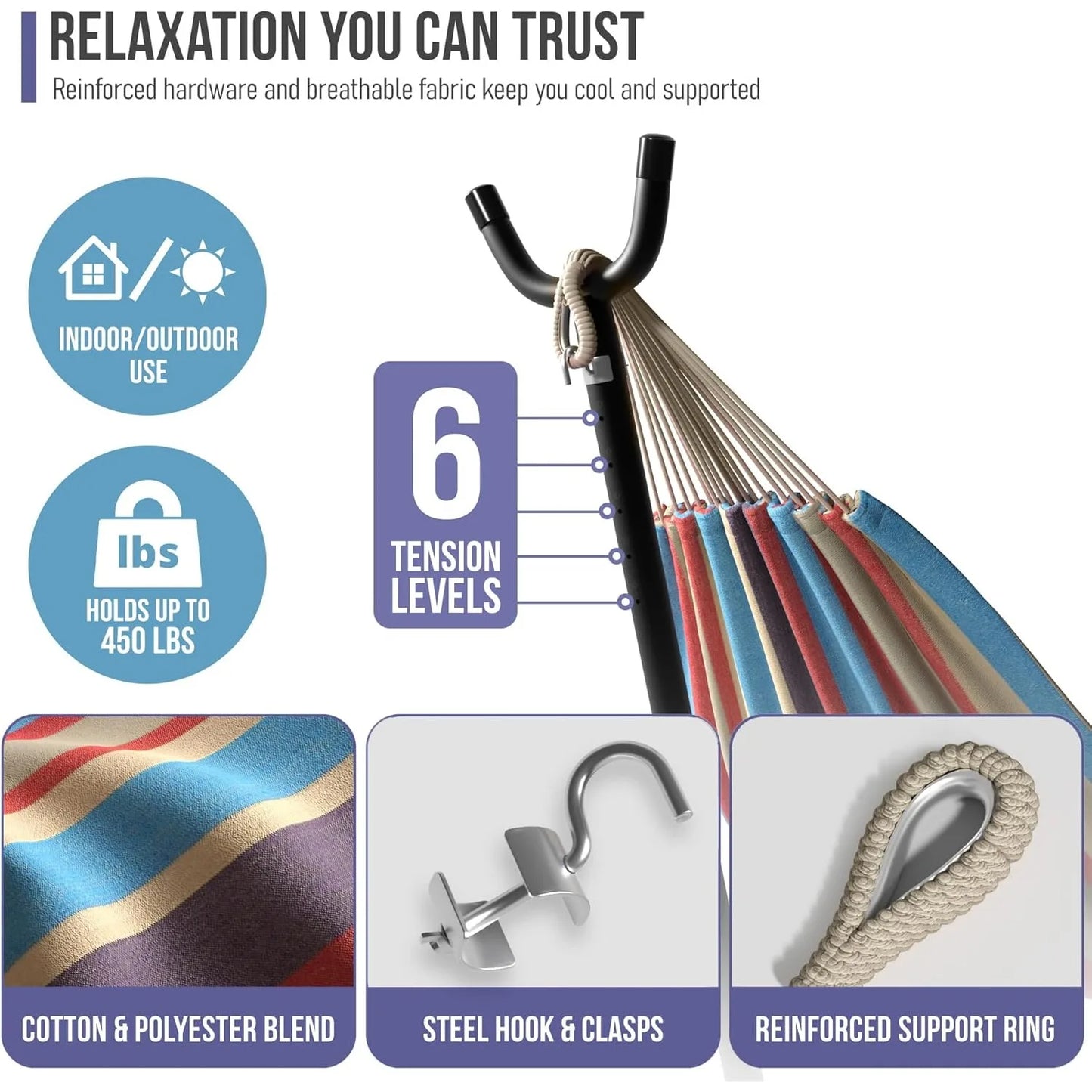 Premium 2-Person Hammock Set - 60" Cotton Blend w/Steel Stand & Carry Bag, 450LB Capacity