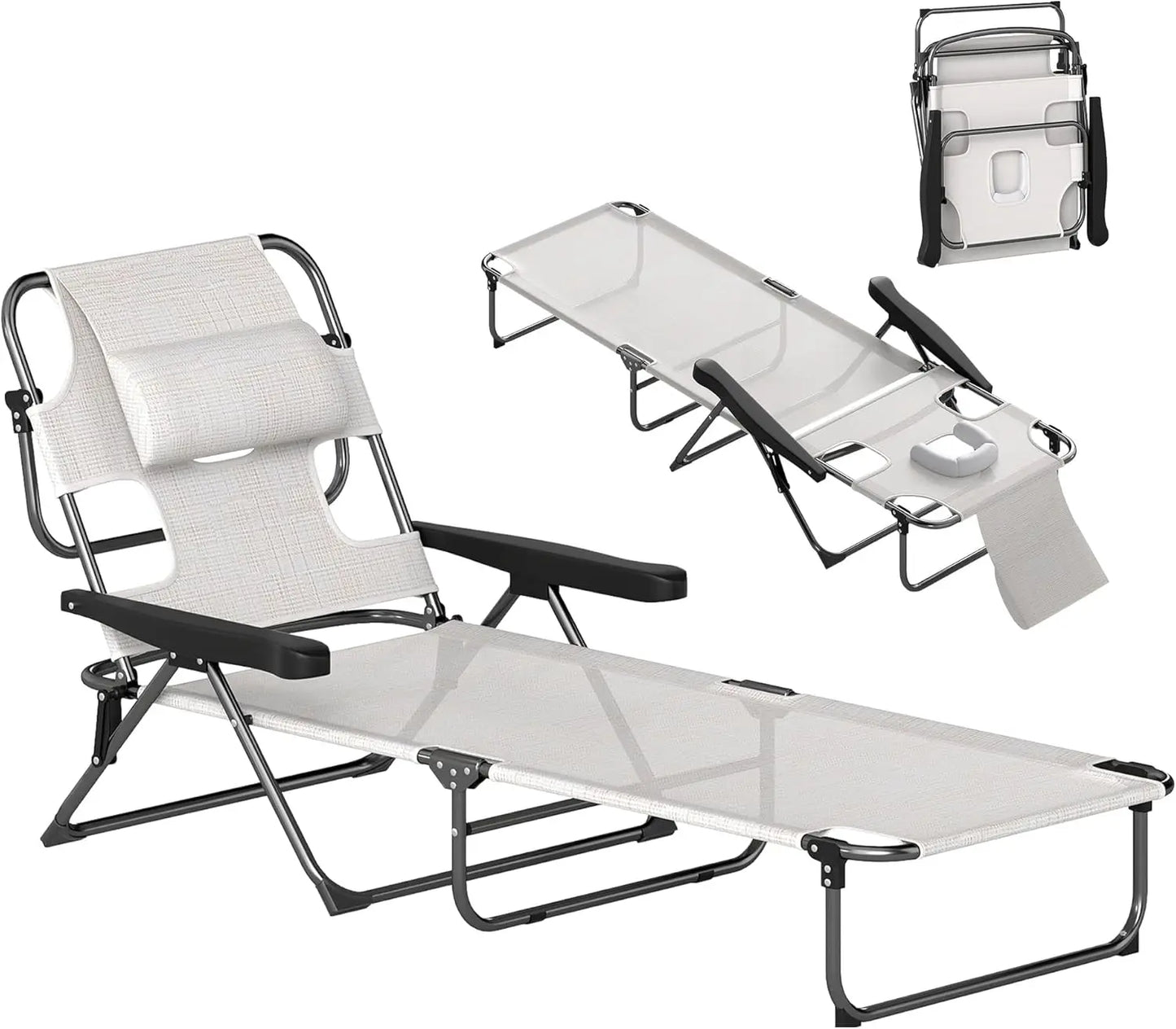 4-Position Beach Chair with Face & Arm Holes, Pillow headrest, Adjustable Sunbathing Chair, Gray