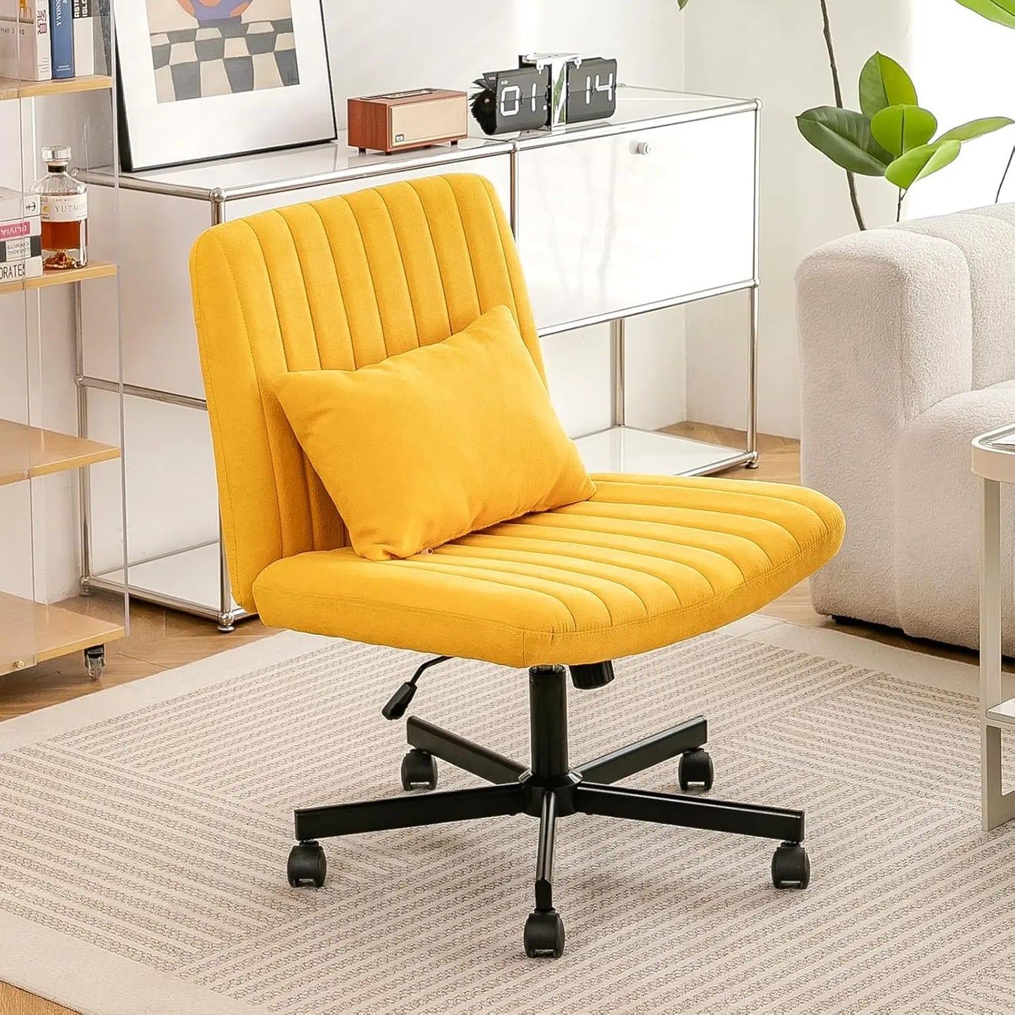 Criss Cross Chair, Office Chair Cross Legged with Wheels, Armless Office Chair, Velvet Desk Chairs with Wheels for Home Office,