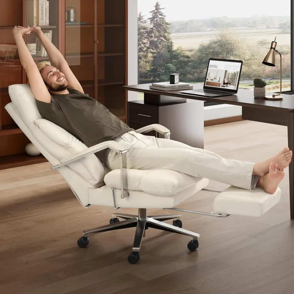 Reclining Office Chair with Footrest - 25.6" Wide Seat & Adjustable Seat Depth, Big and Tall High Back Leather Executive Home