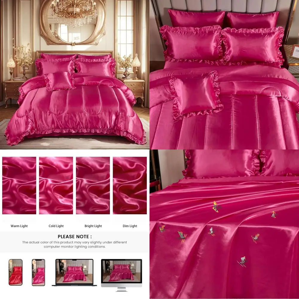 Luxurious Silk-Like Queen Size Satin Bedding Set in Hot Pink with Comforter and Sheets