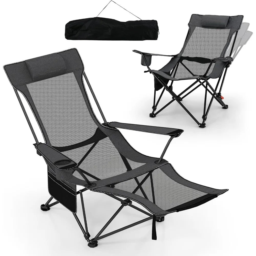 Camping Lounge Chair w/Detachable Footrest, Folding Beach Chair w/4-position Backrest, Carrying Bag, Removable Pillow,Cup Holder