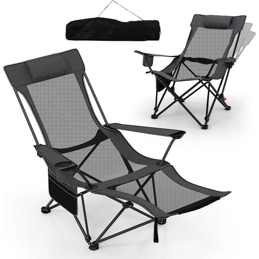 Camping Lounge Chair w/Detachable Footrest, Folding Beach Chair w/4-position Backrest, Carrying Bag, Removable Pillow,Cup Holder
