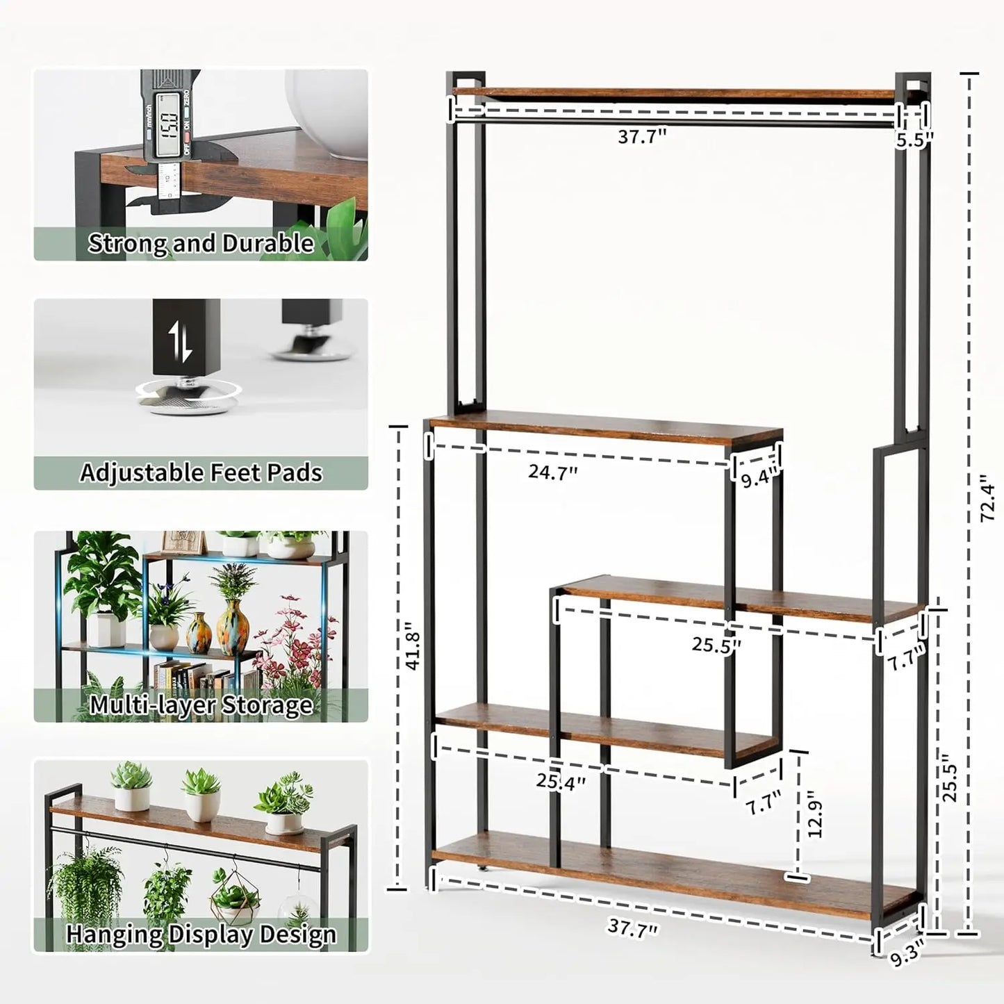 Large Plant Stand Indoor with Grow Light , 5 Tiers 12 Pots Holder, 72" Tall Metal Plant Shelf, Heavy-Duty Rectangle Display Rack