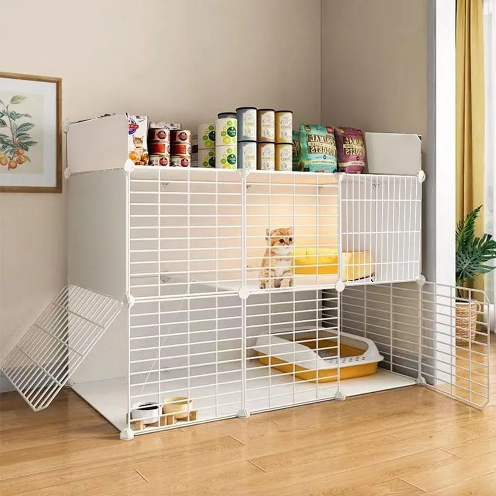 Cat Cage Indoor DIY Cat Playpen Detachable Metal Wire Kennels Indoor Enclosures DIY Cat Playpen Metal Kennel (2 Tier)