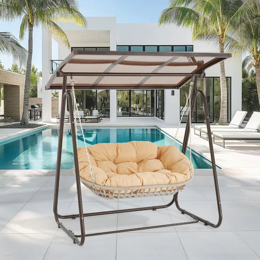 2-Person Outdoor Porch Swing with Adjustable Hardtop Canopy, 5.9" Thick Cushions,Weather-Resistant Rattan Patio Swing Chair with