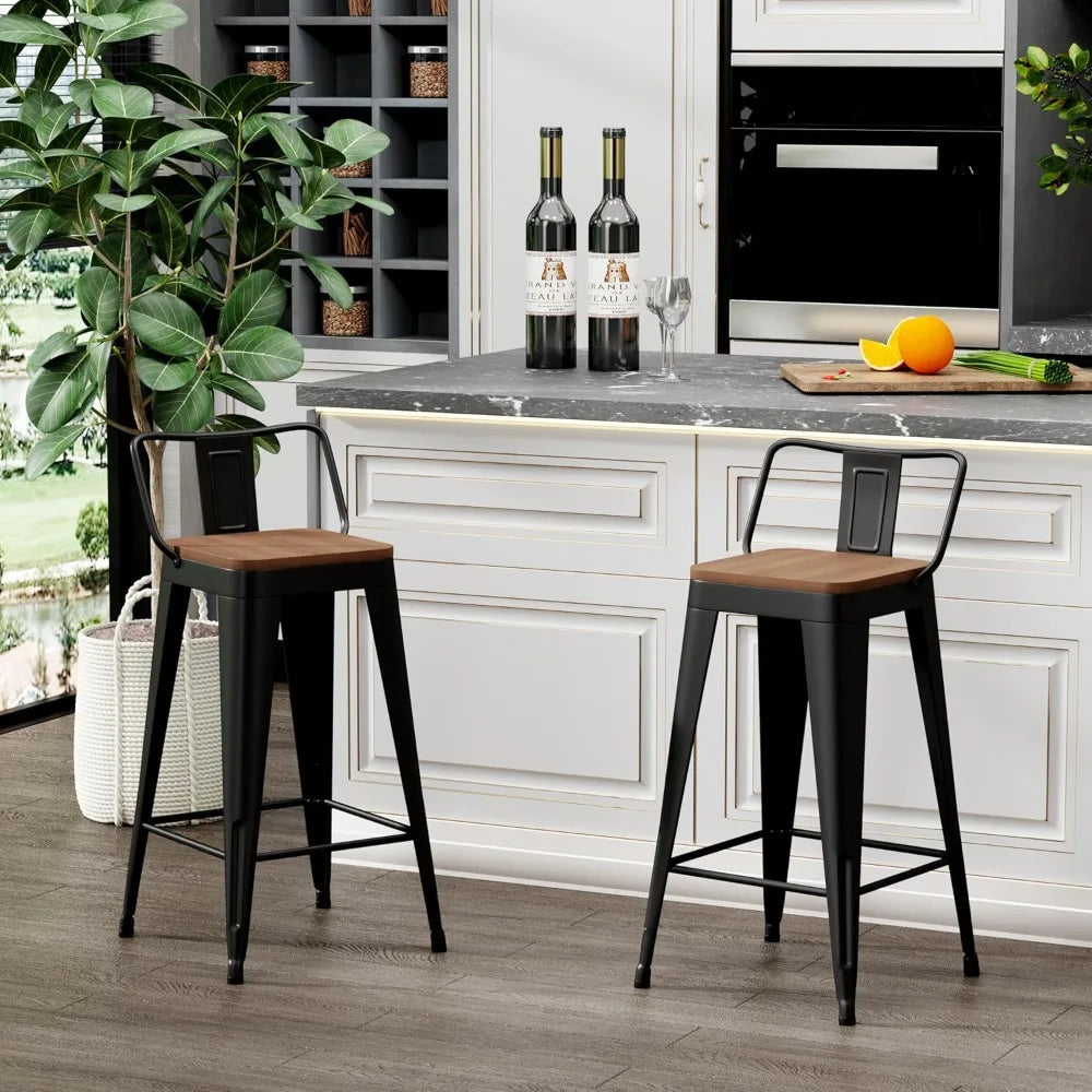 Metal Bar Stools Set of 2 Counter Height Barstools with Removable Back 24" Kitchen Bar Stools with Wooden Seat, Black