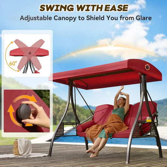 3 in 1 Outdoor Porch Swing with Adjustable Canopy, 3 Seat Outdoor Swing for Adults, Patio Swing Chair with Thickened Cushions,Pi