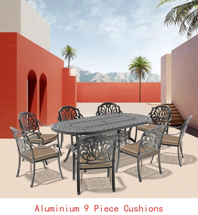 9-Piece Outdoor Dining Set, All-Weather Cast Aluminum Furniture, Black Frame