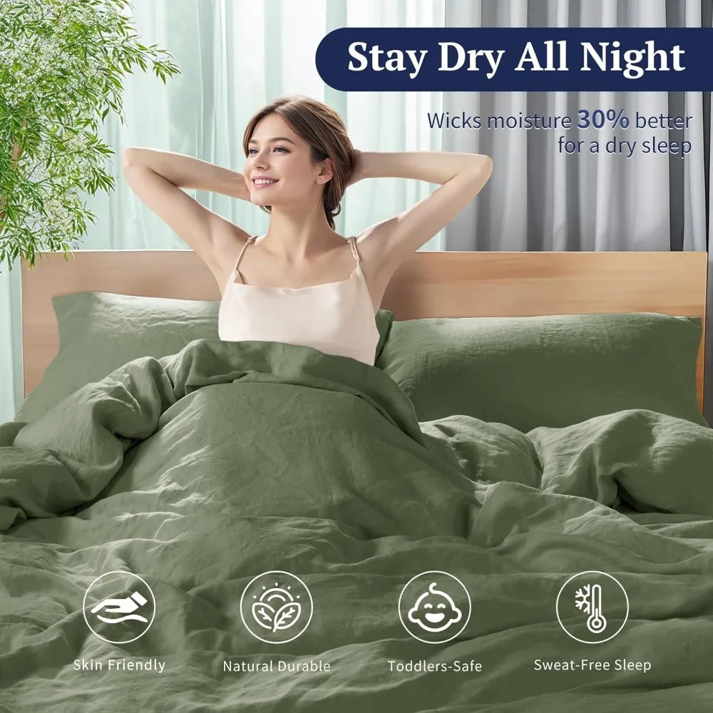 Luxury Queen Size Linen Duvet Cover Set, Pure Natural Flax Linen with Zipper and Corner Ties