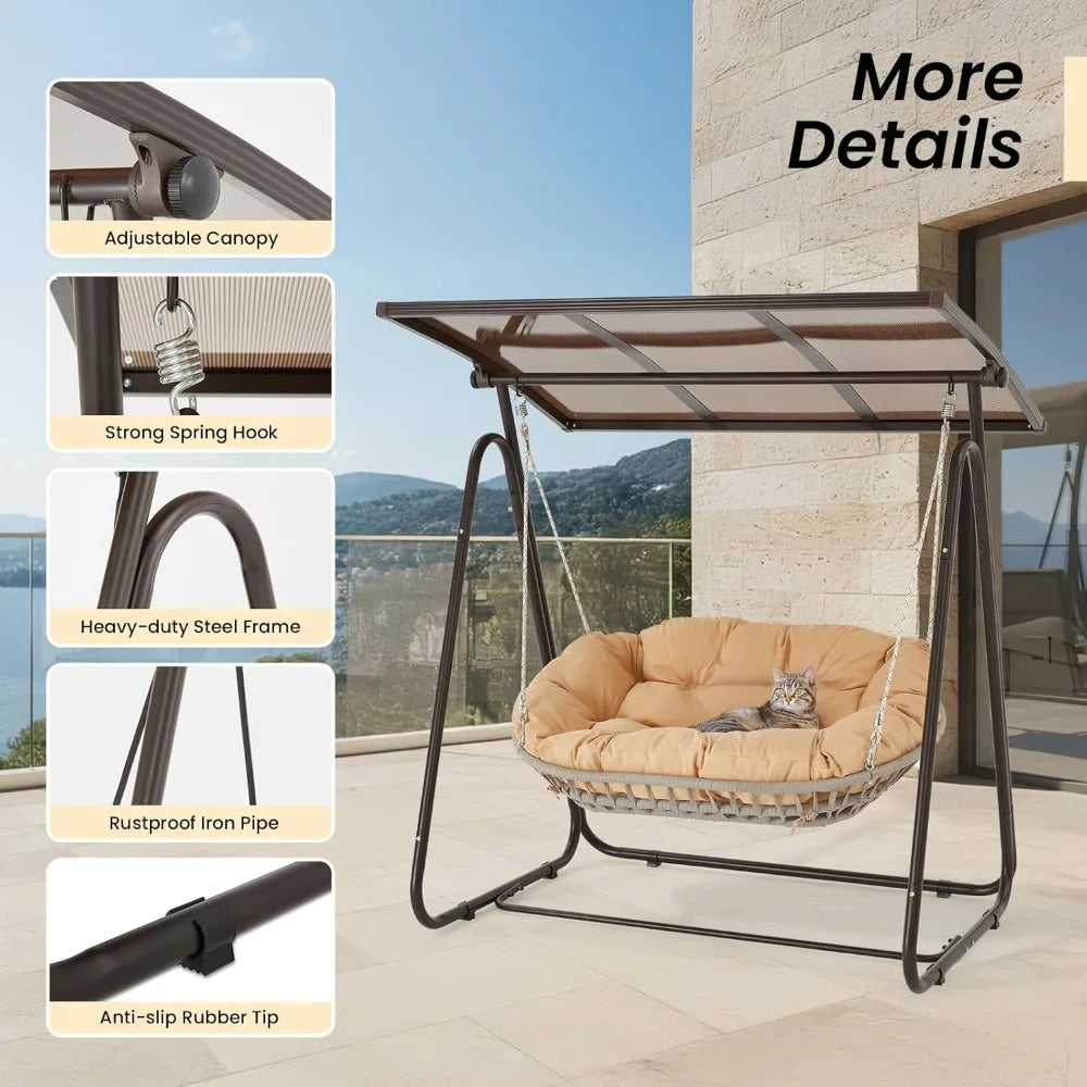 2-Person Outdoor Porch Swing with Adjustable Hardtop Canopy, 5.9" Thick Cushions,Weather-Resistant Rattan Patio Swing Chair with