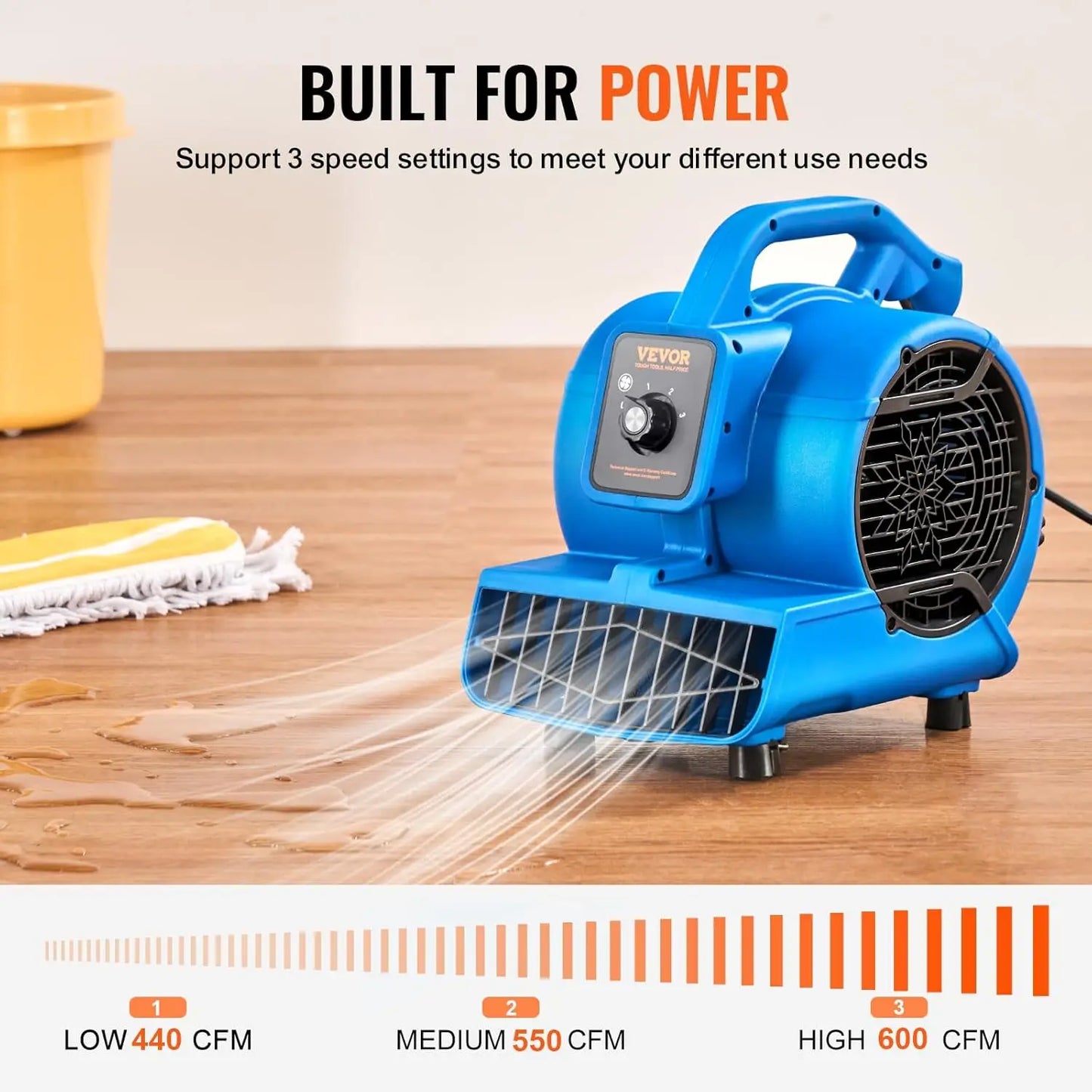Floor Blower,1360 RPM 600 CFM, Air Mover for Drying and Cooling, Portable Carpet Dryer Fan with 4 Blowing Angles, for Janitorial