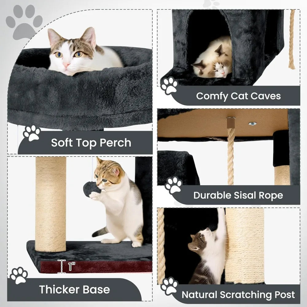 Cat Tree Tower Condo for Indoor Cats, Soft Plush Multi-Level Climbing Tree Cat House with 1 360° Rotating Cat Cave