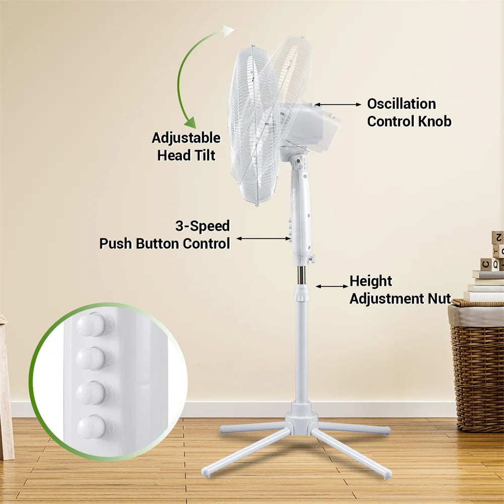 Kitchen Home Office 16 Inch Pedestal Standing Fan Adjustable Height and Tilt Floor Fan For Living Room Bedroom