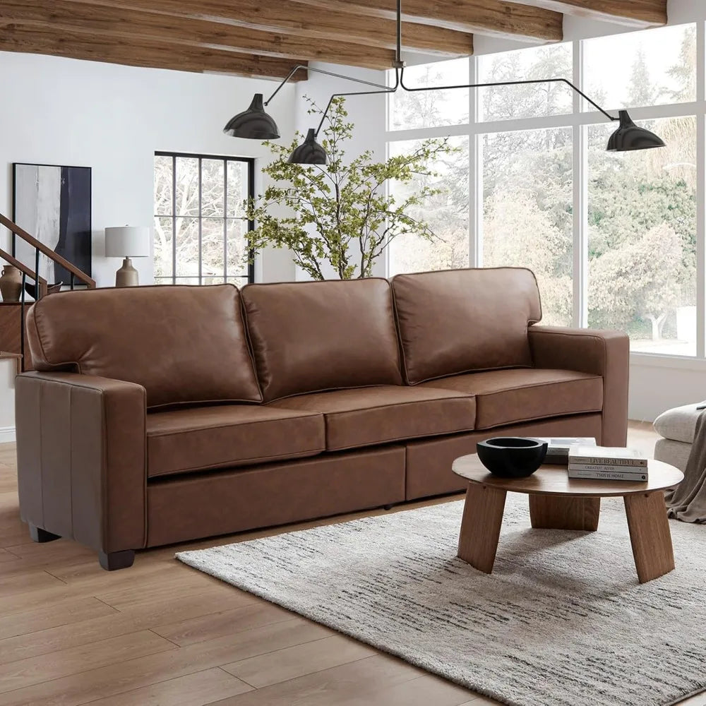 Mid-Century Modern 3-Seat Brown PU Faux Leather Sofa with Solid Wood Legs for Living Room, Bedroom, or Office