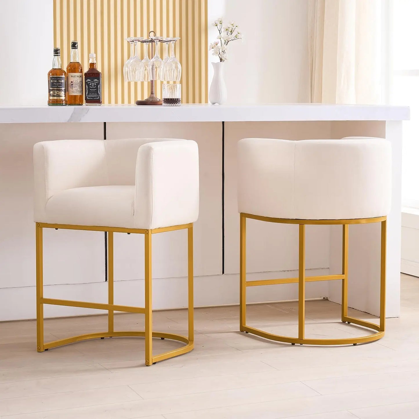 26" H Counter Height Bar Stools Modern Barrel Counter Stools with Backrest and Arms, Black Metal Frames,Fabric