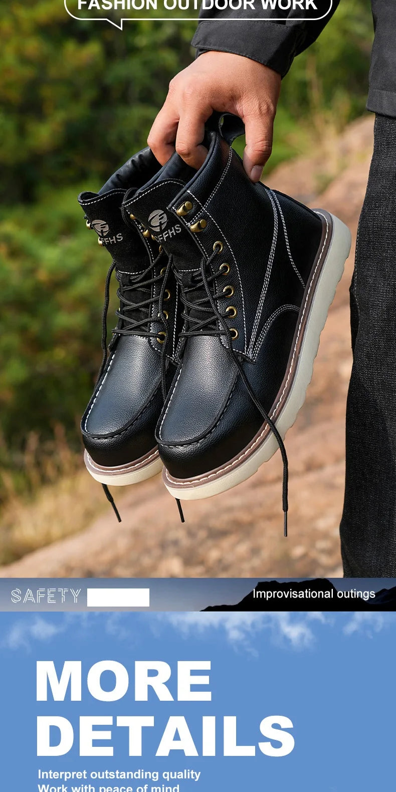 Two layer cowhide men's anti-smash anti-puncture high top work safety shoes