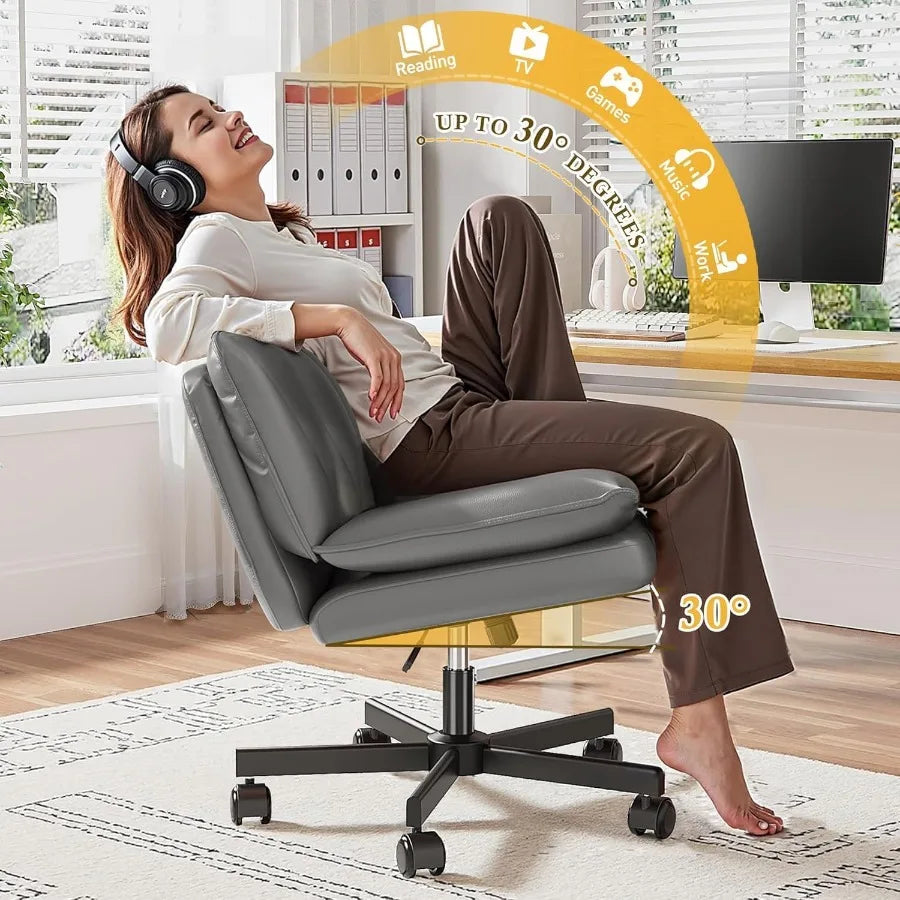 Armless 25.5 Wide Criss Cross Chair with Wheels Leather Cross Legged Office Chair with 2Layer Cushion Swivel Modern Home Office