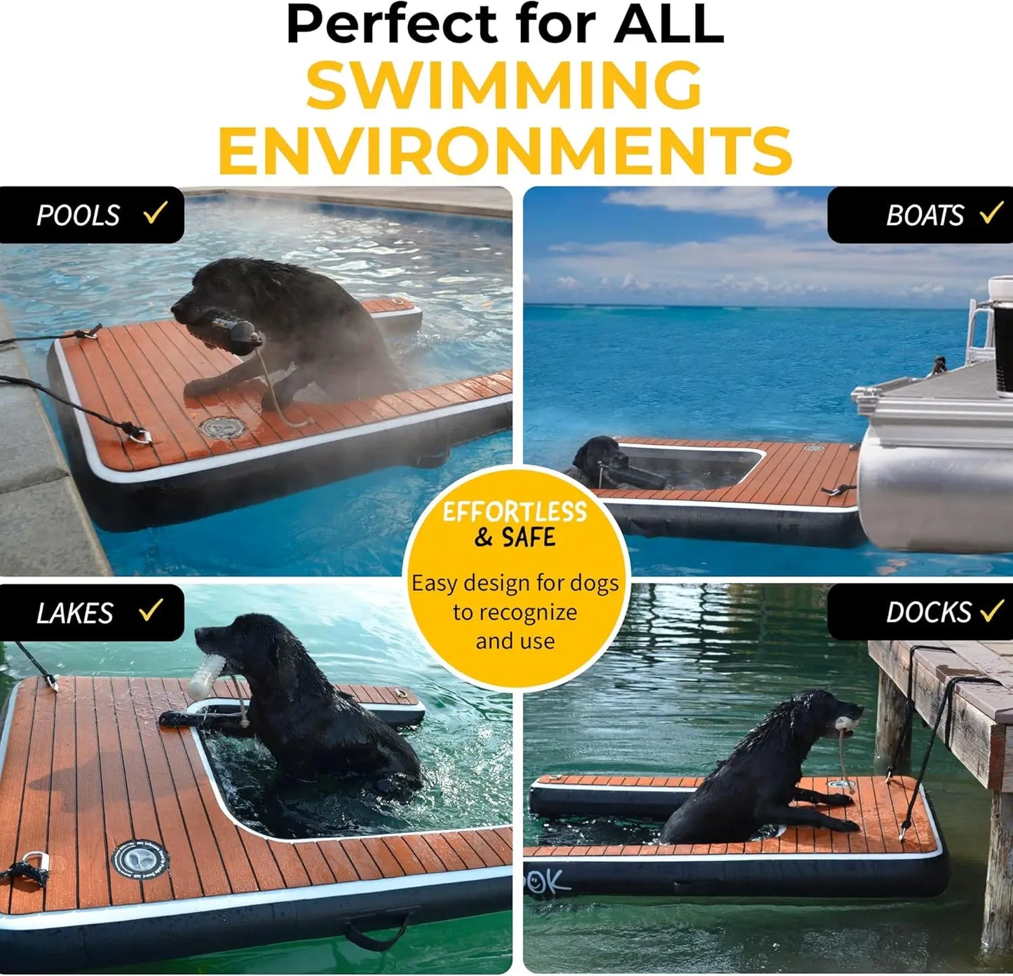 DOK Dog-DOK Inflatable Dock Platform: Safe & Easy Water Access for Dogs Up to 230 lbs; Floating Non-Slip EVA Foam with Dog Boat