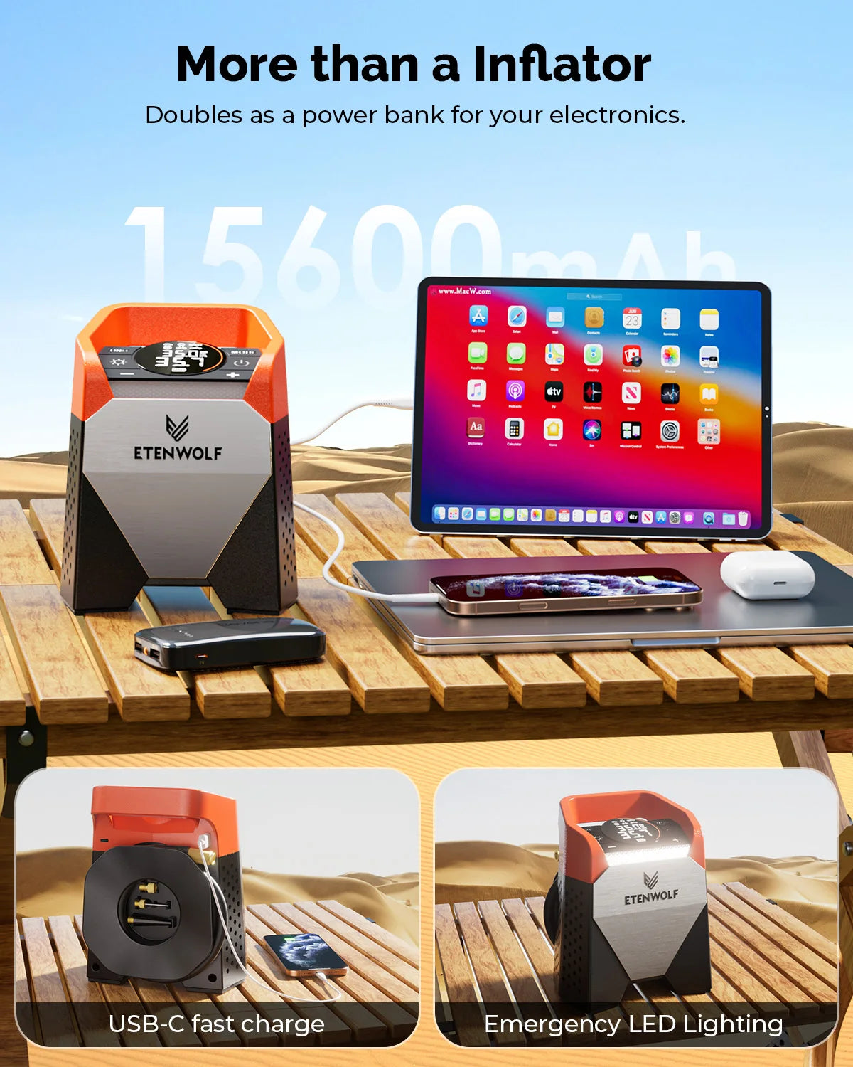 ETENWOLF ZEPHYR S5 Portable Tire Inflator Heavy-Duty Car compressor 160PSI &15600mAh for Pickups Car Tires Motorcycles Bicycles