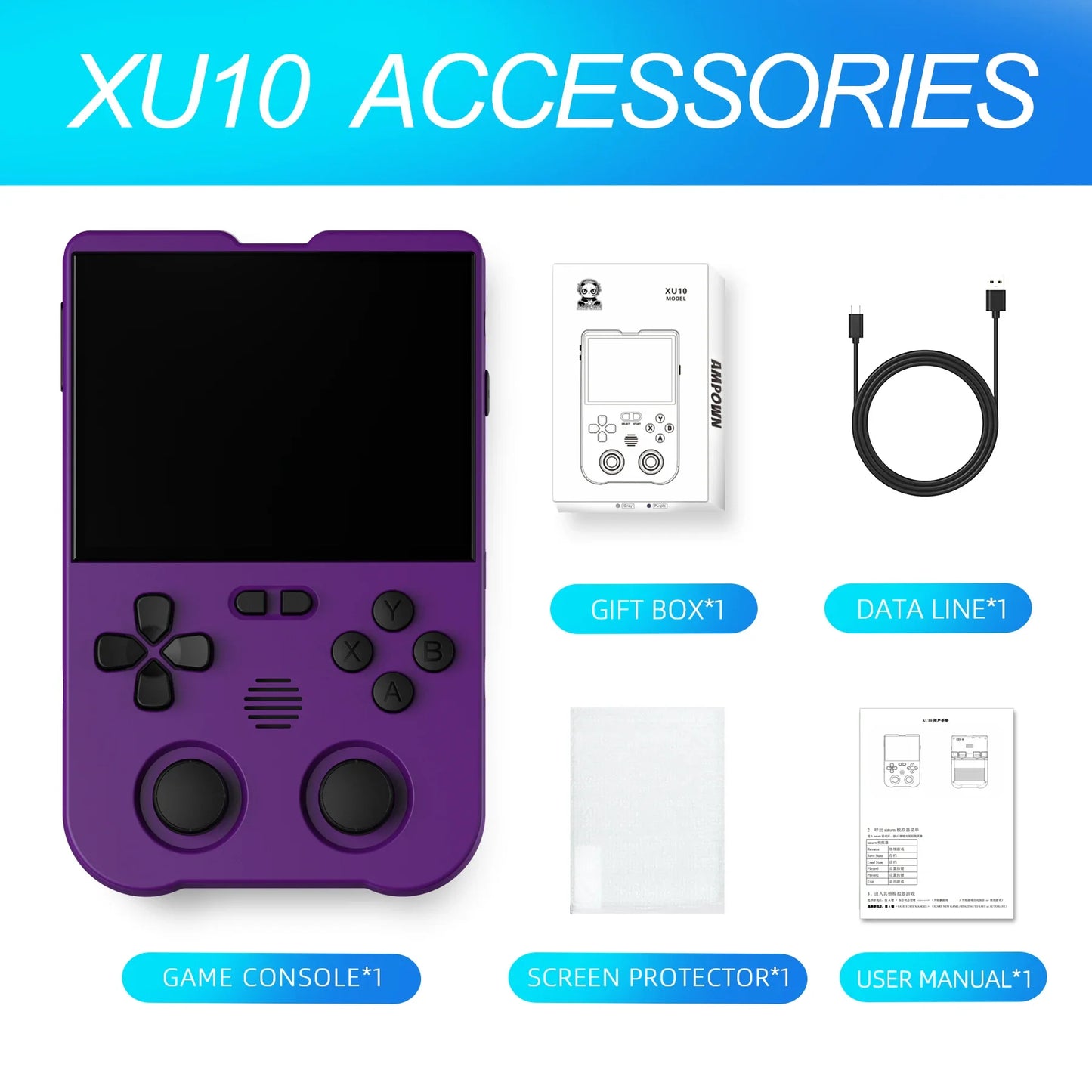 Ampown XU10 Handheld Game Console 3.5" IPS Screen 3000mAh Battery Linux System Built-in Retro Games Portable Video Game Console