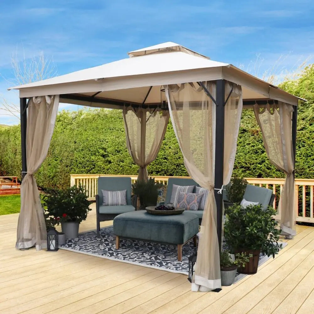 10X10FT Softtop Metal Gazebo with Mosquito Net,Sturdy Heavy Duty Double Roof Canopy,Galvanized Steel Design Outdoor Tent