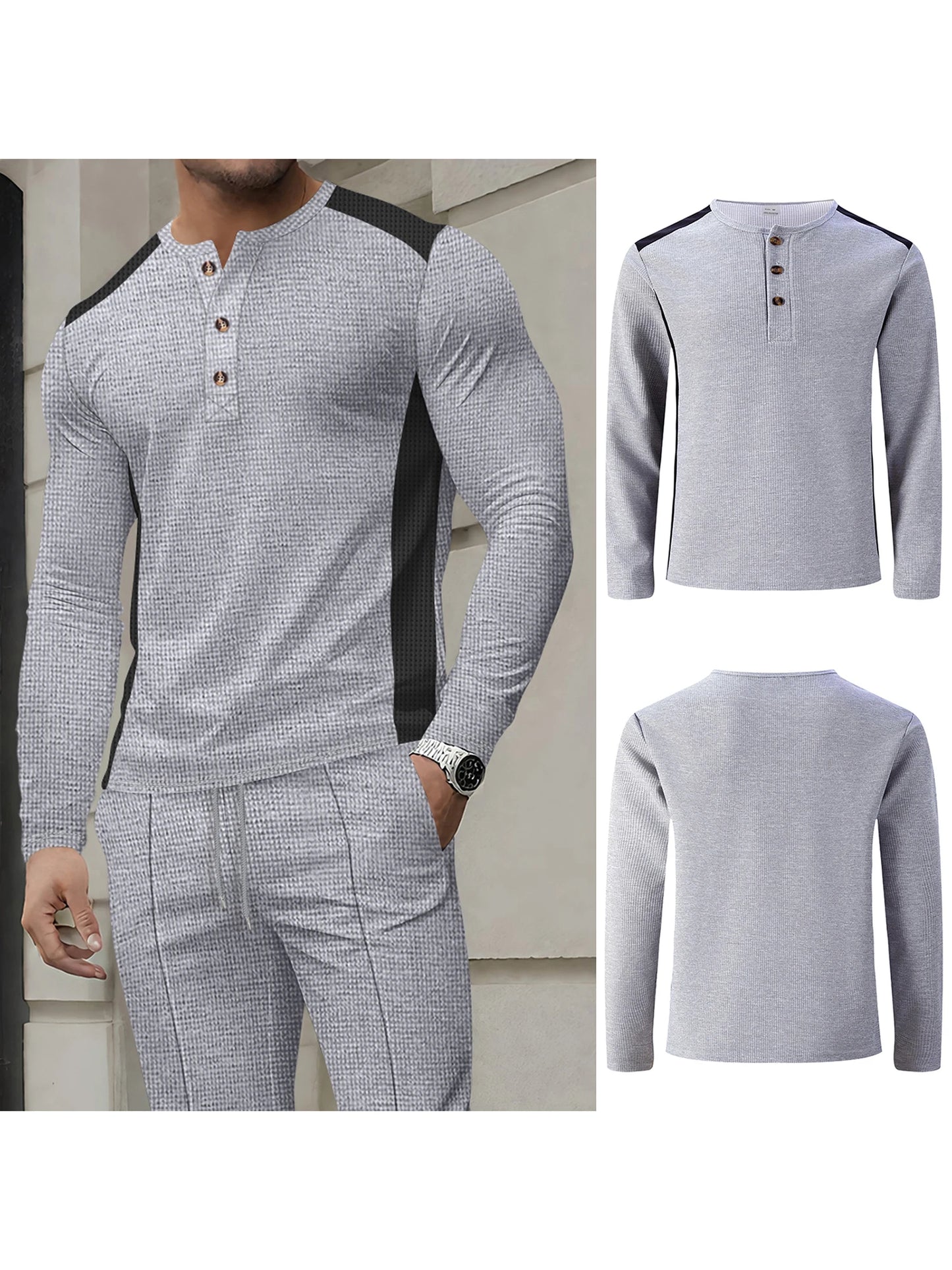 Men s Casual  Fit Long Sleeve Henley T-Shirt Button Up Contrast Color Tops Spring Autumn Fashion Pullover Shirt