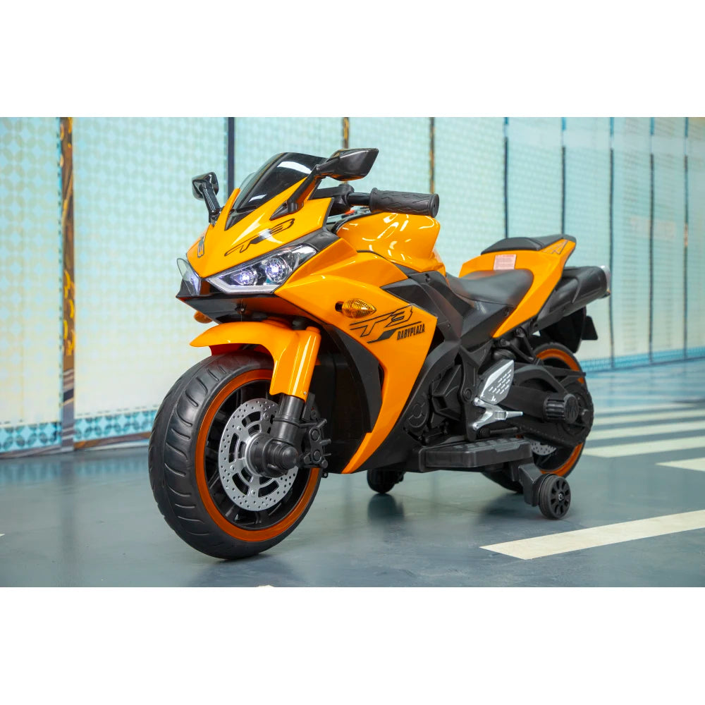 Young Rider 12V7AH Electric Motorcycle - Training Wheels, Hand Drive Throttle & Cool Light-Up Wheels for Kids 3-6 Years