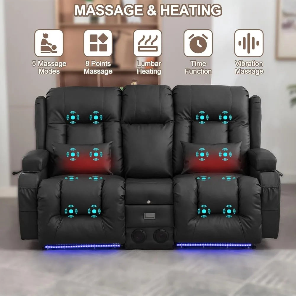 Power Loveseat Recliner Sofa Home Theater Seating with Console Electric Recliner RV Sofa with USB And Outlets Massage And Heat