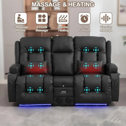Power Loveseat Recliner Sofa Home Theater Seating with Console Electric Recliner RV Sofa with USB And Outlets Massage And Heat