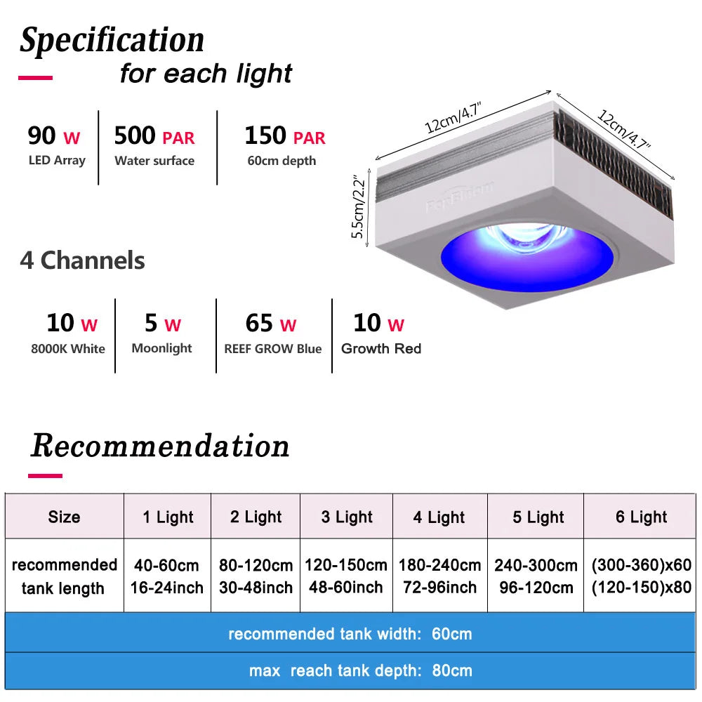 PopBloom Hertz RL90 Full WiFi Spectrum Programmable Sunrise/Sunset 100W Saltwater Aquarium LED Reef Lighting