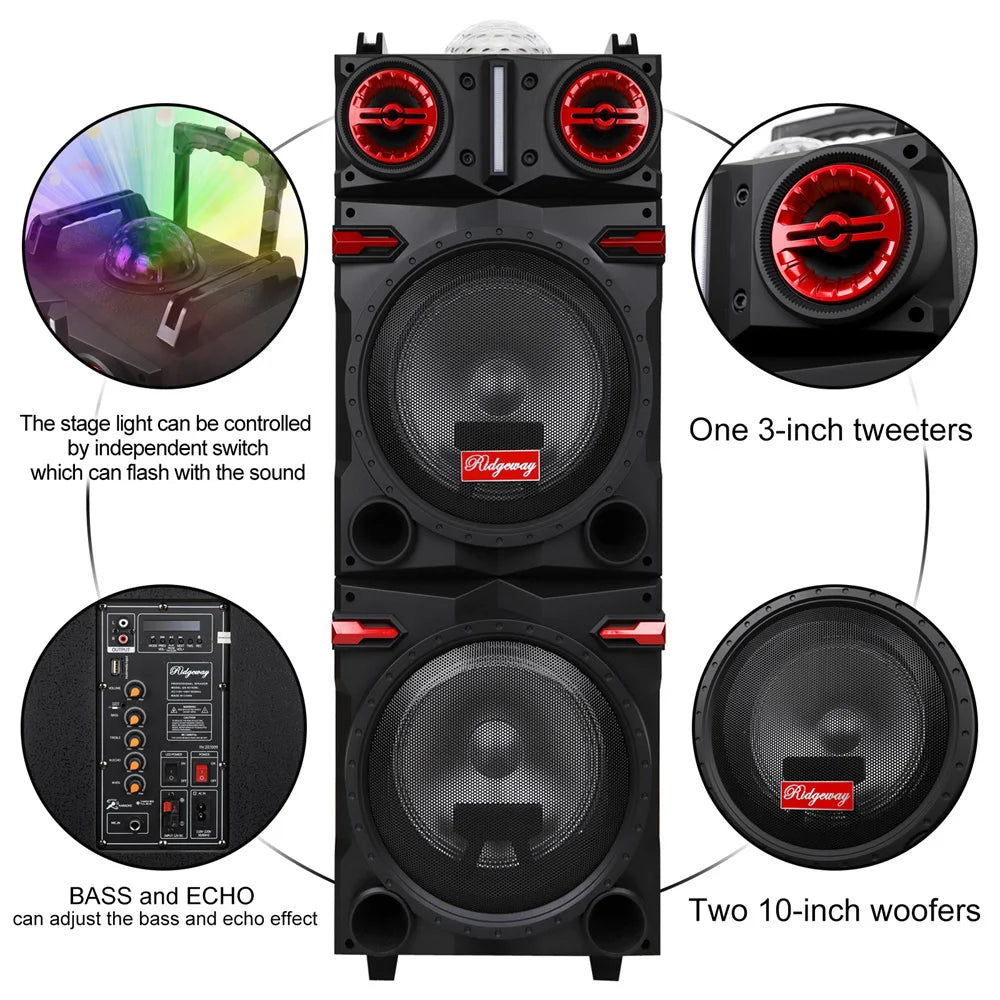 9000W Portable Bluetooth Speaker Heavy Bass Sound System Party Dual10" Subwoofer Led Light Rechargeable Loud Dj Speaker