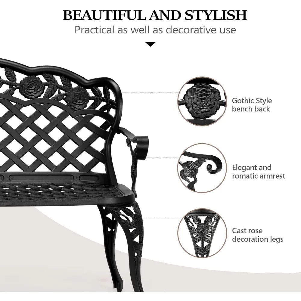 42.5" Outdoor Bench, Antique Cast Aluminum Front Porch Bench Metal Garden Benches Cast Iron Benches 2-3 People Seating (Black)