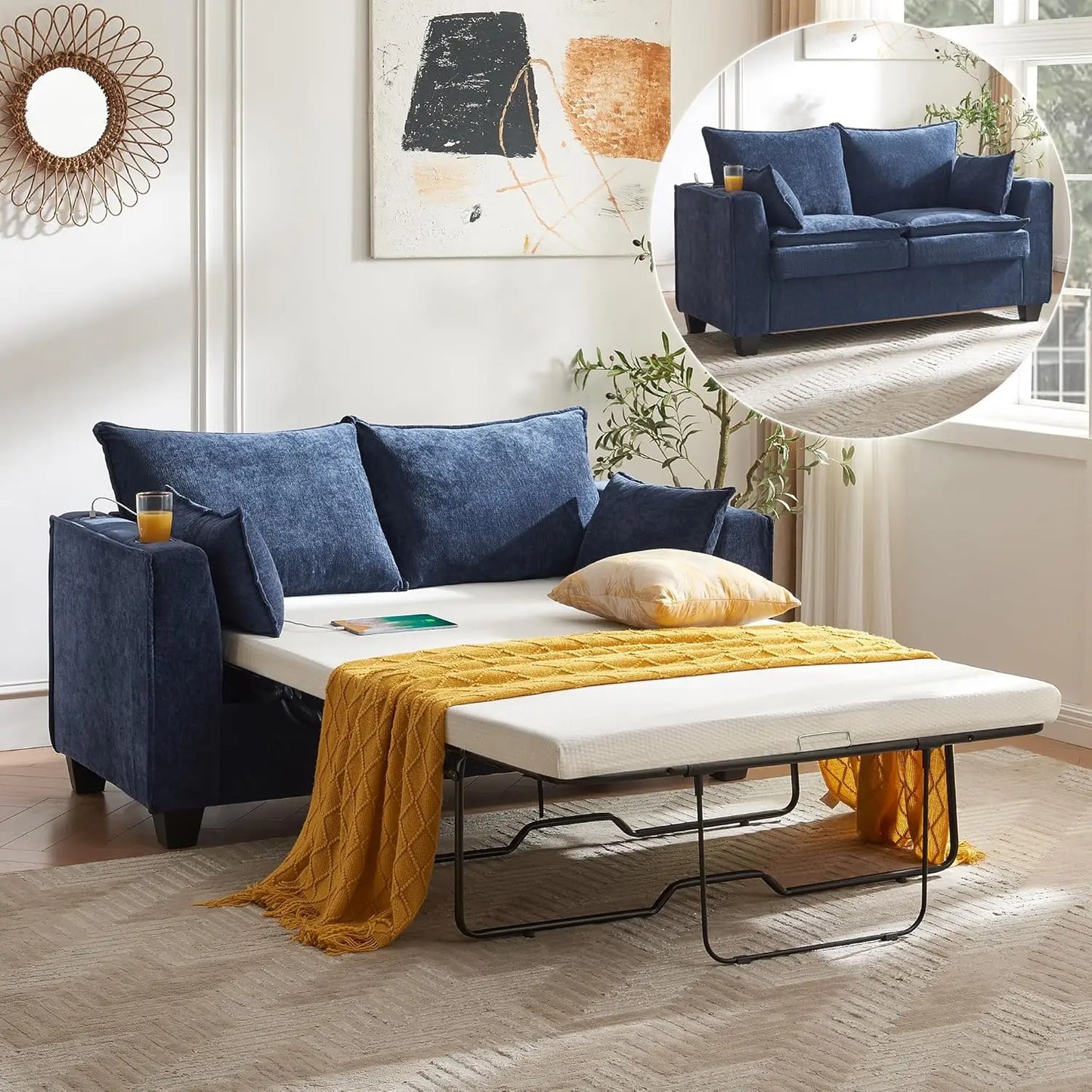 Pull Out Sofa Bed, Sleeper Sofa Couch,Convertible Chenille Loveseat with USB Charging Port and Memory Foam Mattress