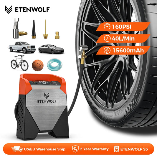 ETENWOLF ZEPHYR S5 Portable Tire Inflator Heavy-Duty Car compressor 160PSI &15600mAh for Pickups Car Tires Motorcycles Bicycles