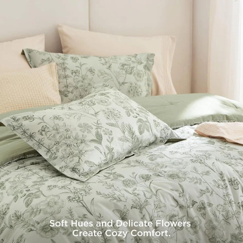 King Size Floral Comforter Set - 100% Cotton and Microfiber Filled, Sage Green 3-Piece Bedding