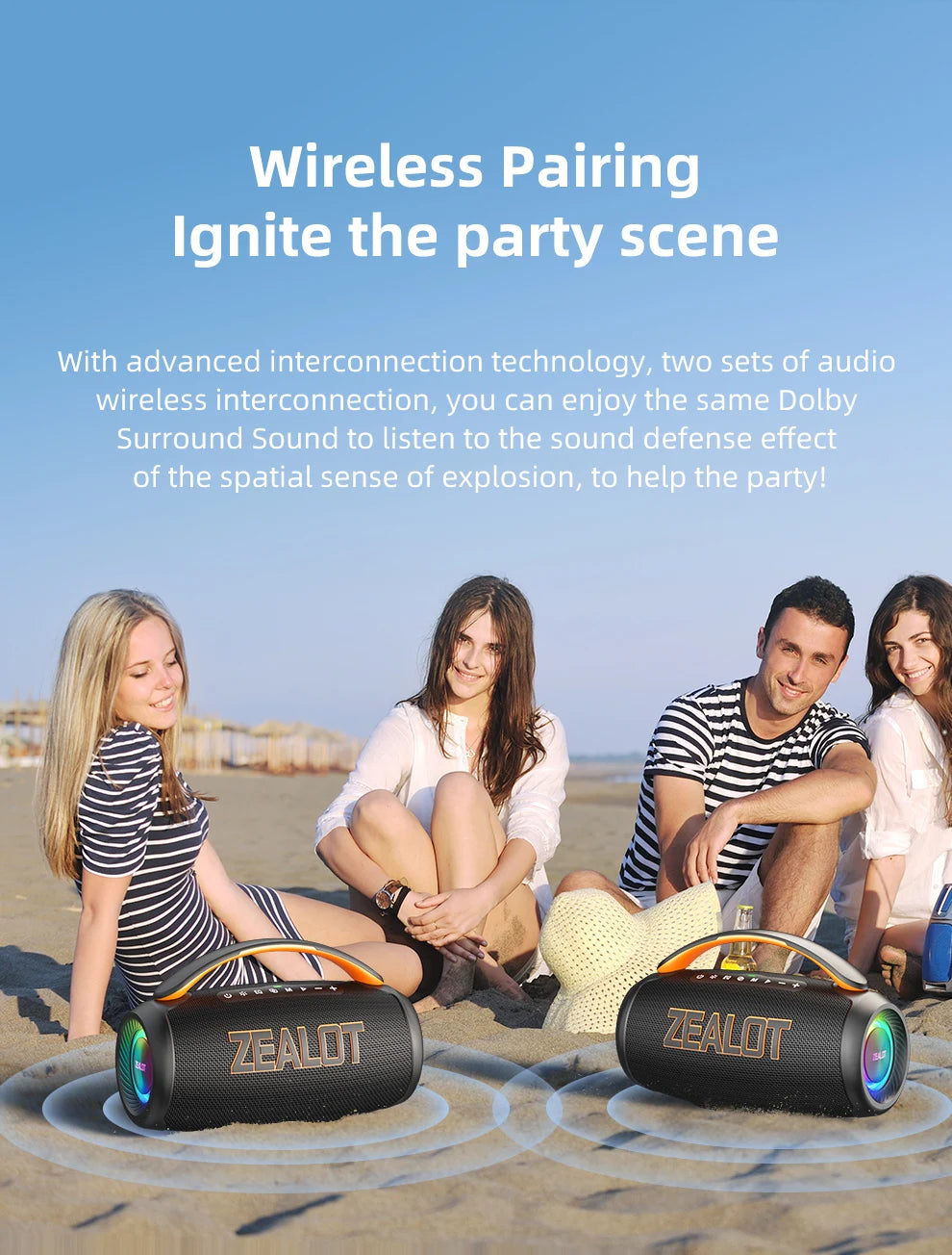 Zealot P12 Speaker 60W Portable Bluetooth Speaker with IPX6 Waterproof, Comfortable handle,Controllable lighting,TWS,AUX