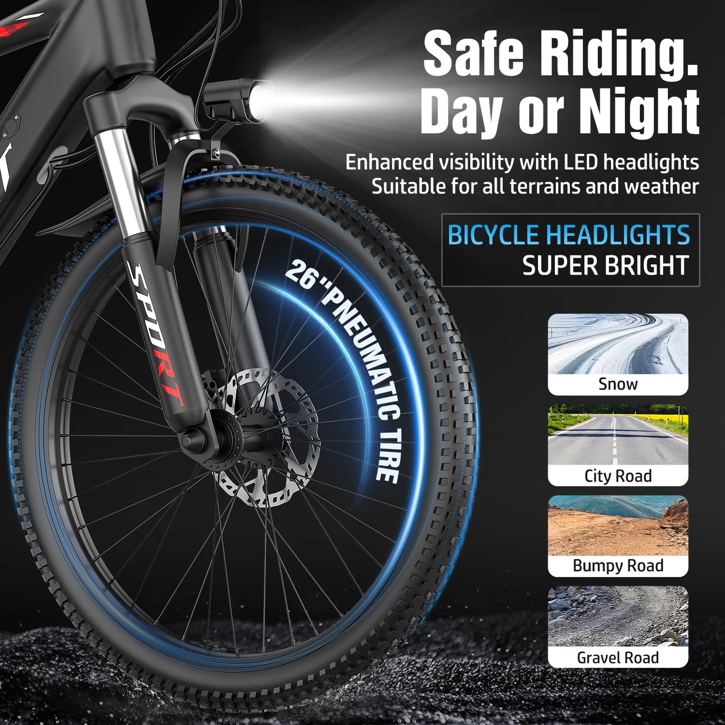 Electric Bike for Adults - 26”Fat Tire, Peak 1000W Motor, 7 Speed Electric Motorcycle Bicycle, 48V10AH Detachable Battery 4 Ridi