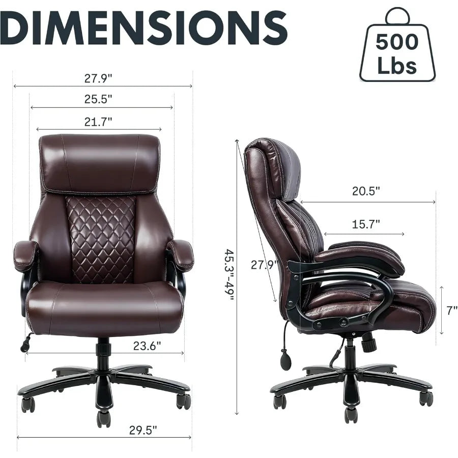 500LBS Big and Tall Office Chair Leather Brown Wide Big Seat Cushion High Back Ergonomic Chair with Adjustable Lumbar Support C