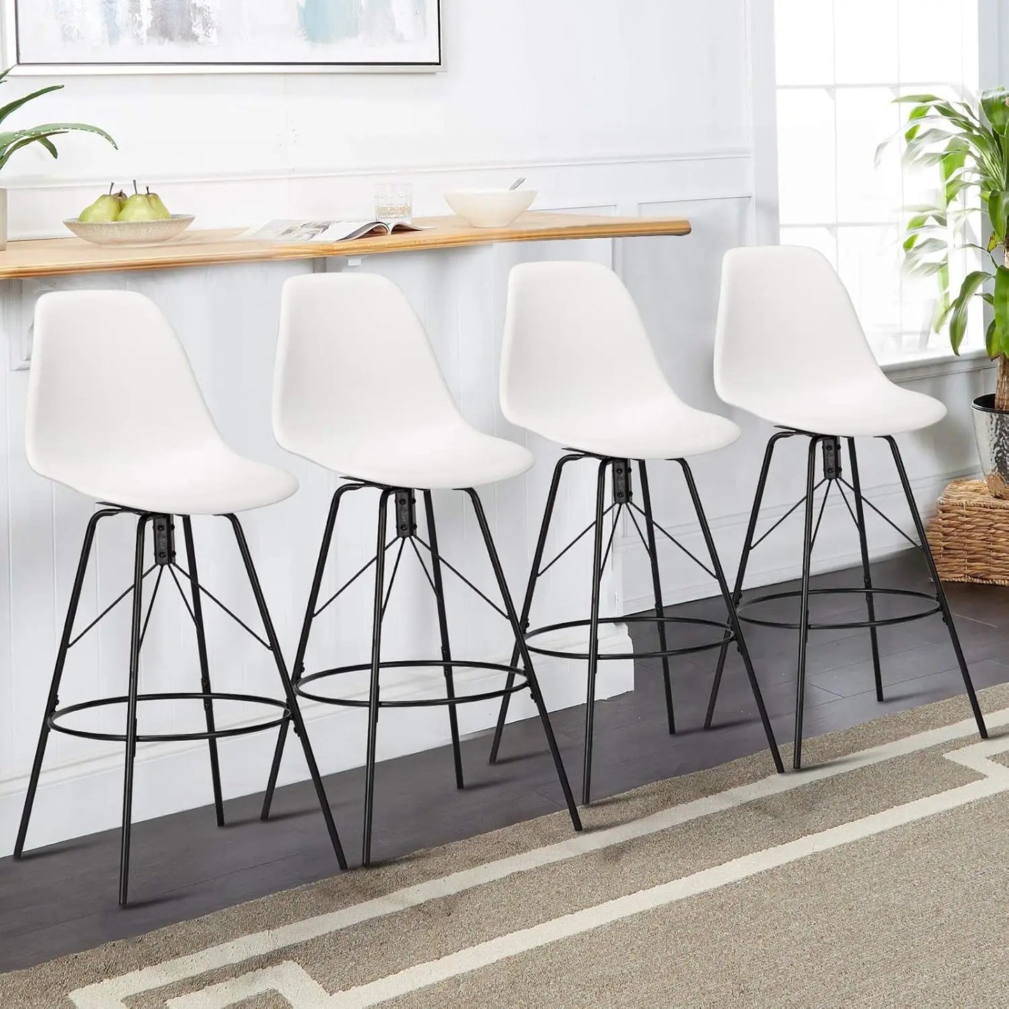 30" Swivel Bar Stools with Backs Set of 4 Black Plastic Bar Height Stools Hight Back Bar Chairs with Metal Legs Protector