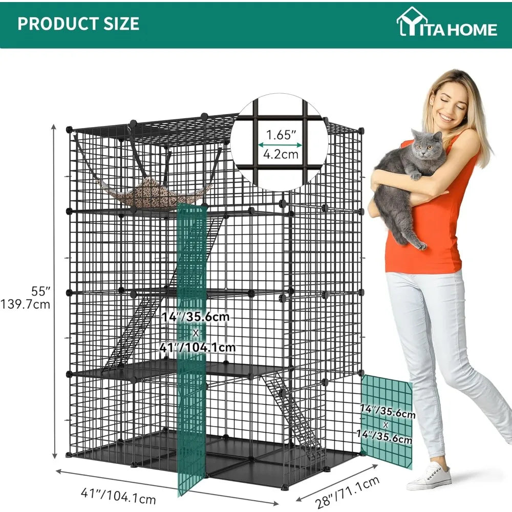 YITAHOME Large Cat Cage Indoor Enclosure Metal Wire 4-Tier Kennels DIY Cat Playpen Catio with Large Hammock for 1-3 Cats