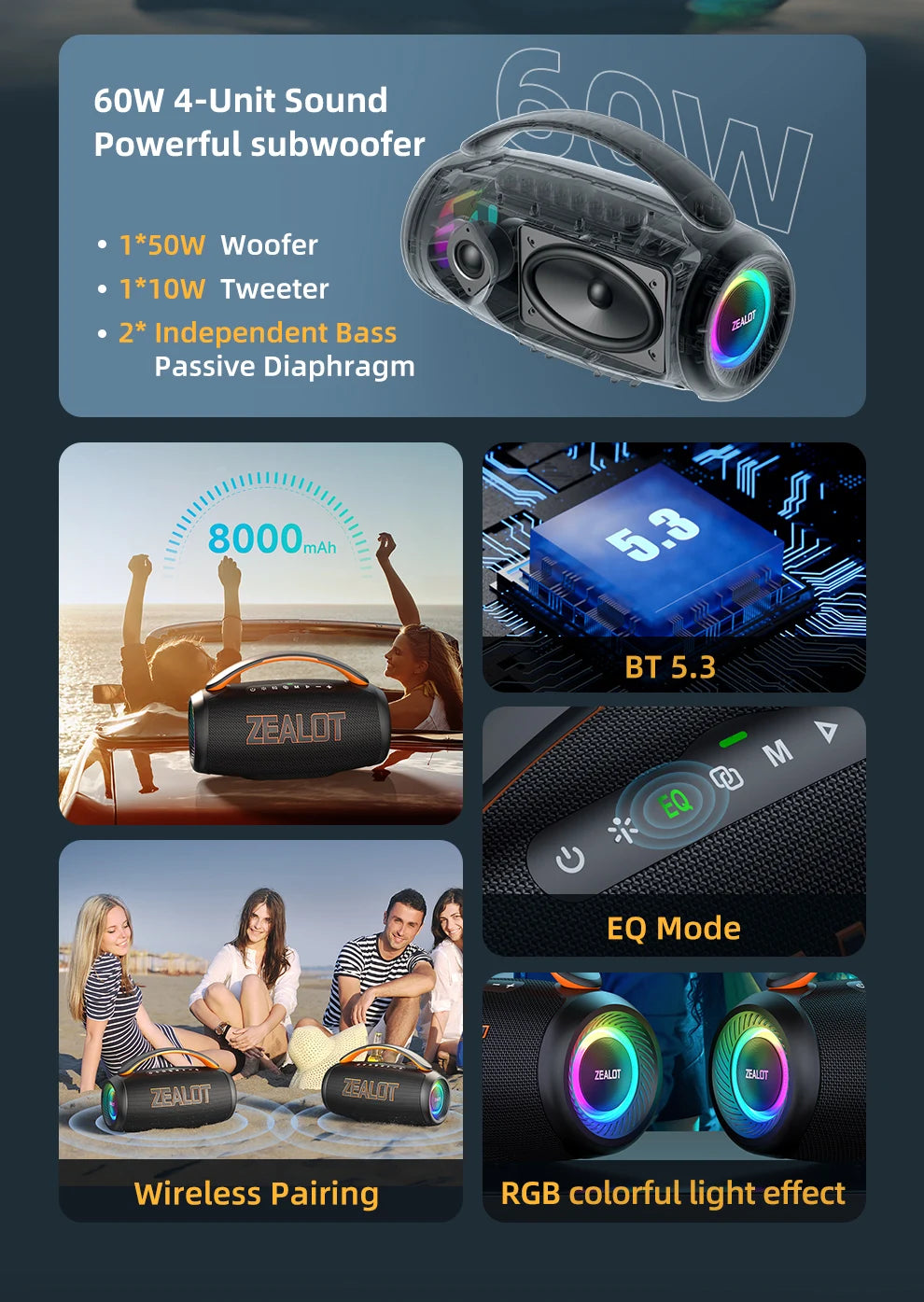 Zealot P12 Speaker 60W Portable Bluetooth Speaker with IPX6 Waterproof, Comfortable handle,Controllable lighting,TWS,AUX