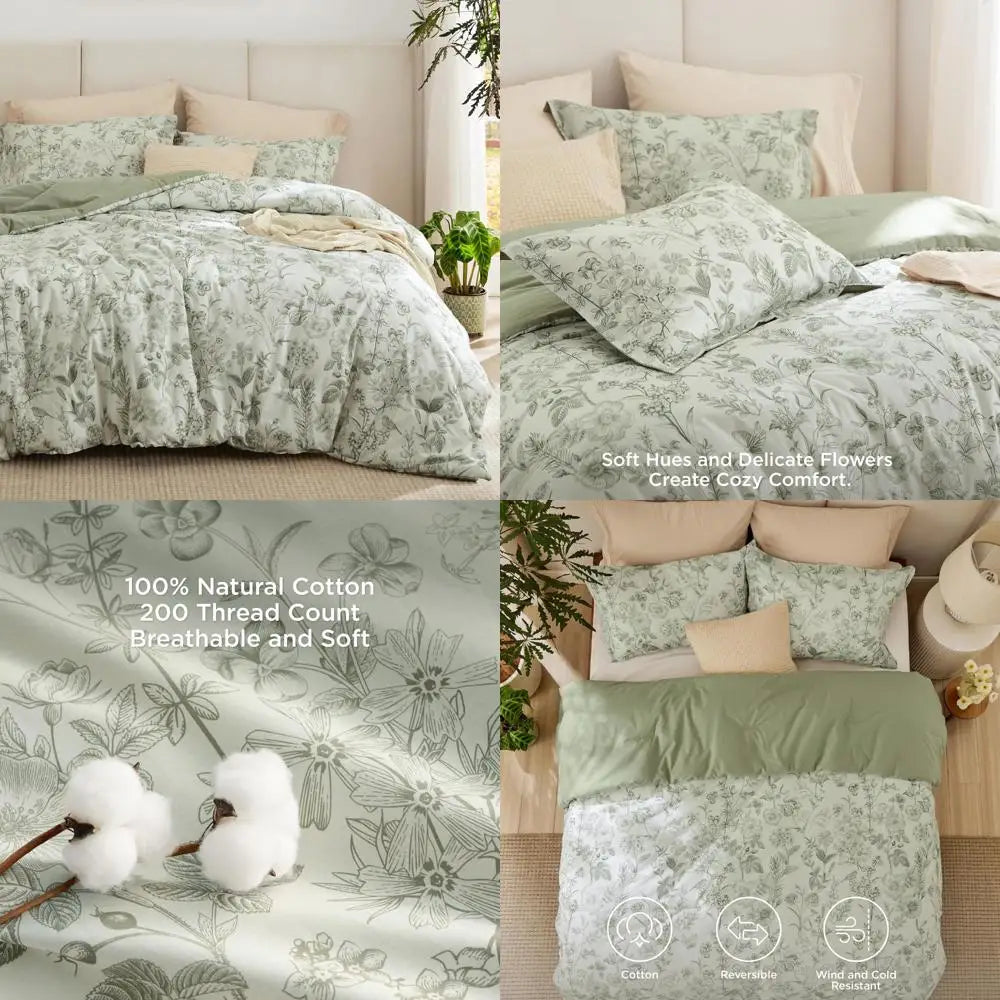 King Size Floral Comforter Set - 100% Cotton and Microfiber Filled, Sage Green 3-Piece Bedding