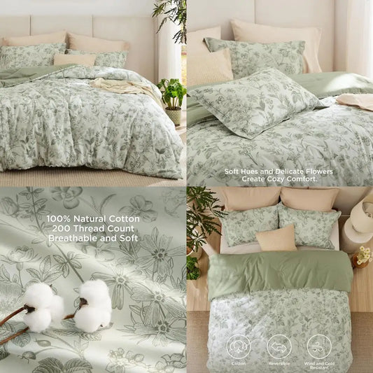 King Size Floral Comforter Set - 100% Cotton and Microfiber Filled, Sage Green 3-Piece Bedding