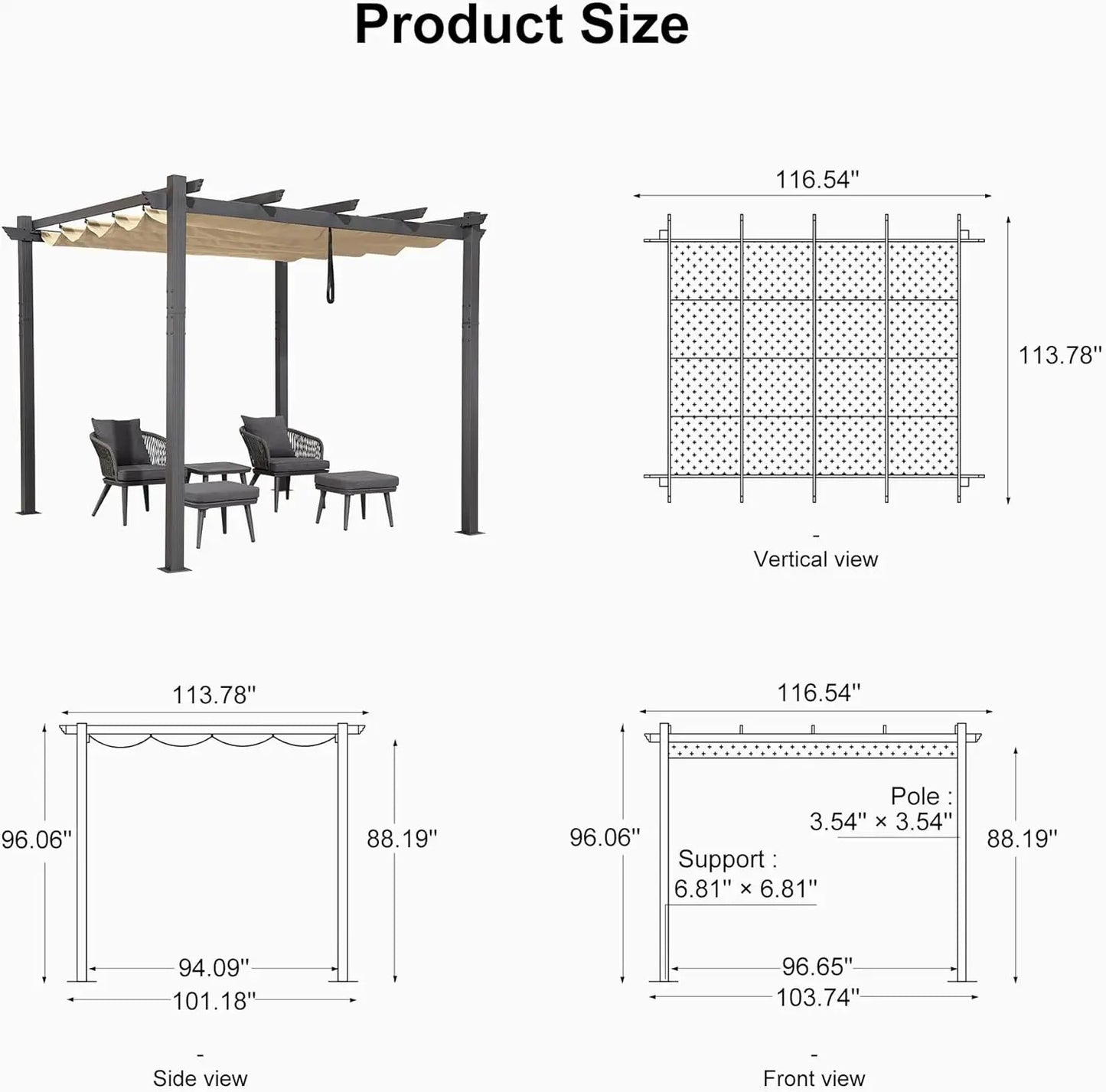10' X 10' Outdoor Retractable Pergola with Sun Shade Canopy Patio Metal Shelter for Garden Porch Beach Pavilion Grill Gazebo
