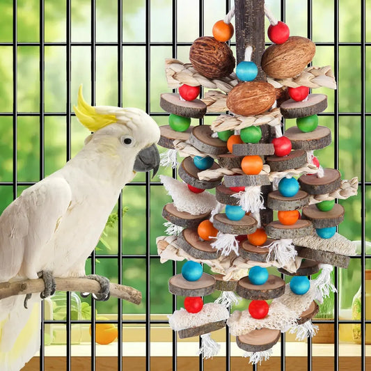 Large parrot toy, bird chew toy, natural nut, corn, loofah, wooden birdcage toy