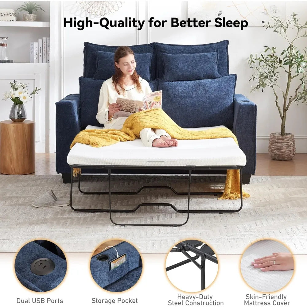 Pull Out Sofa Bed, Sleeper Sofa Couch,Convertible Chenille Loveseat with USB Charging Port and Memory Foam Mattress
